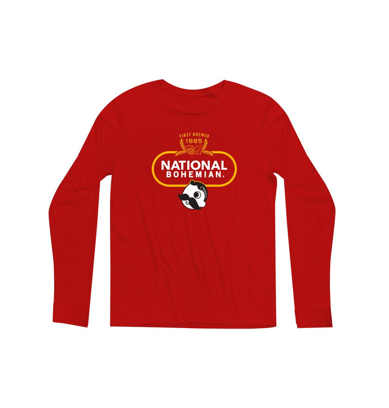 front of red long sleeve with first brewed 1885" crest and national bohemian logo on it