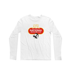 front of white long sleeve with first brewed 1885" crest and national bohemian logo