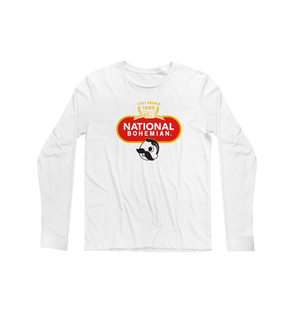 front of white long sleeve with first brewed 1885" crest and national bohemian logo