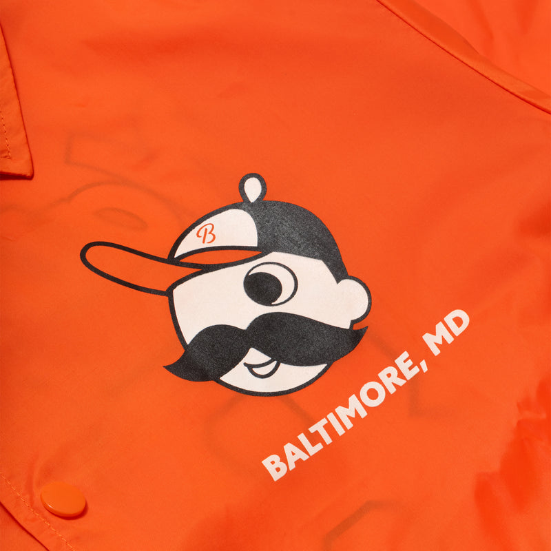 close up of pocket with Mr. Boh wearing baseball cap and "baltimore, MD" below it 