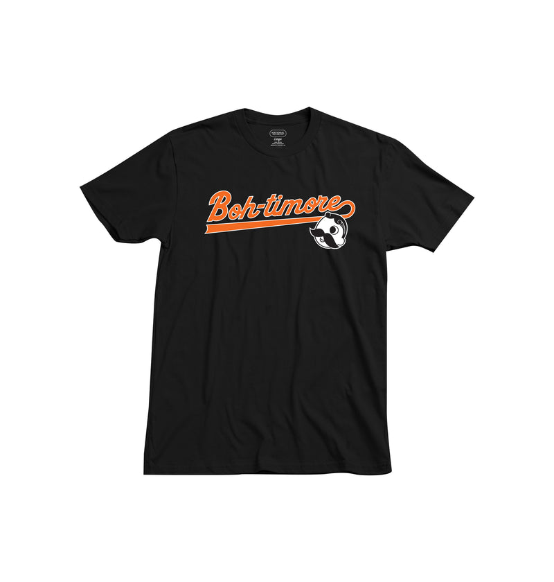 front of black t-shirt with "boh-timore" and Mr. Bohs face on it