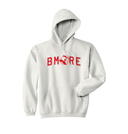 front of white hoodie with "BMORE" and Mr. Boh as the "O"
