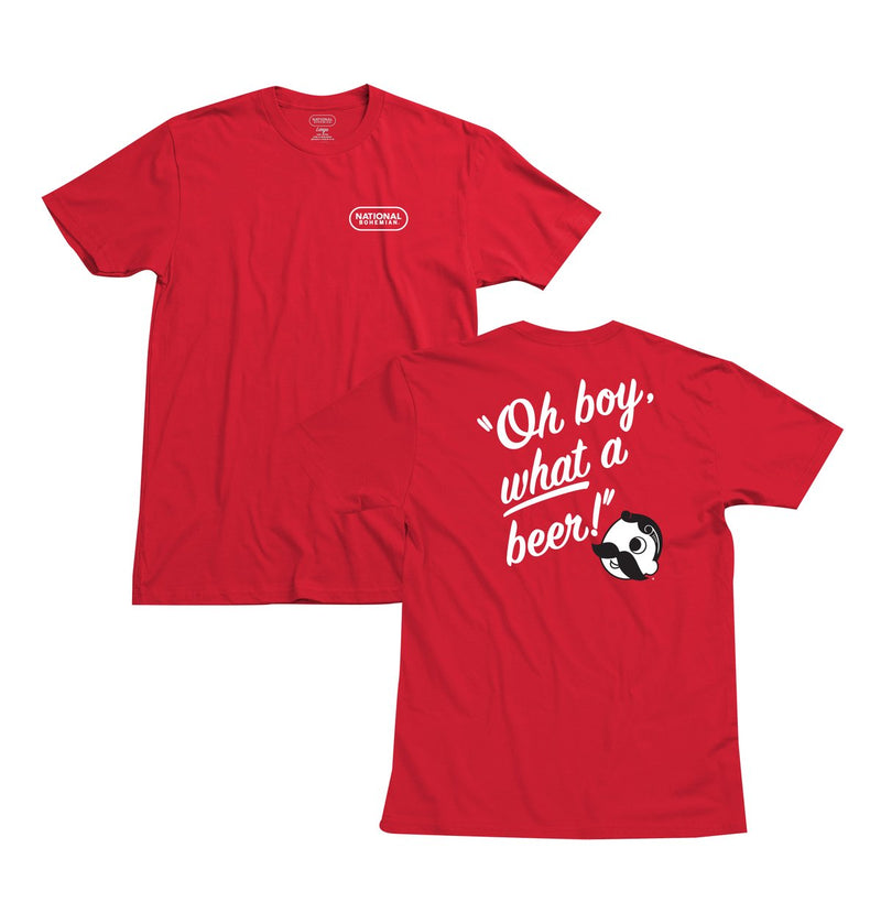 front and back of red t-shirt with "oh boy, what a beer!" and Mr. Boh below it