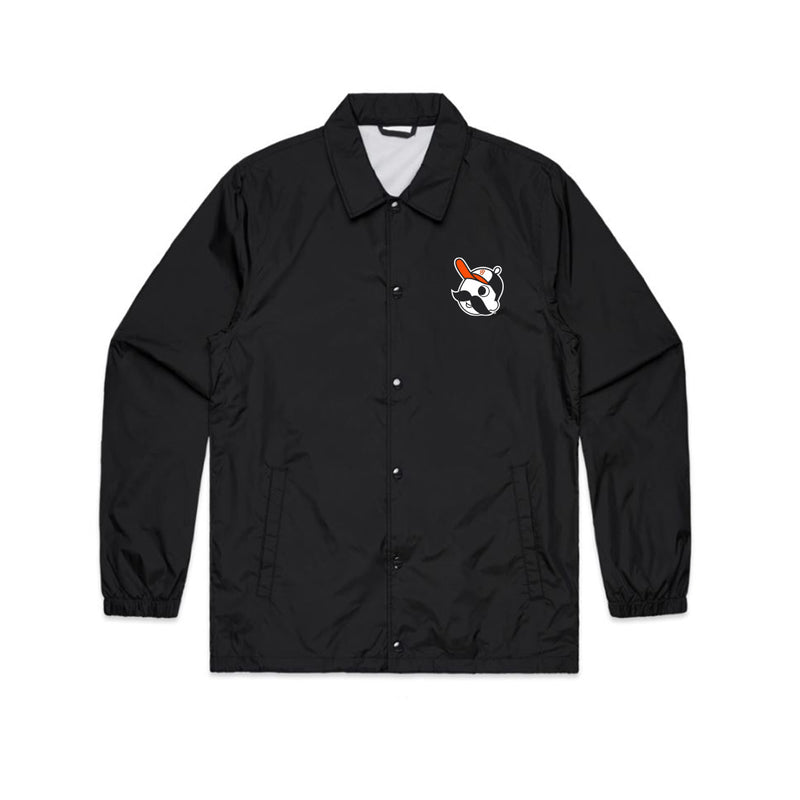 front of black coaches jacket with Mr. Boh wearing baseball cap on pocket 