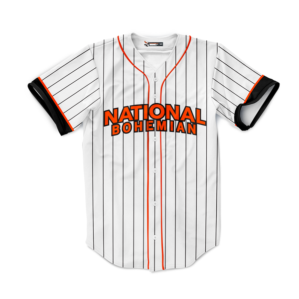 front of pinstripe baseball jersey with "national bohemian" in orange font across the chest
