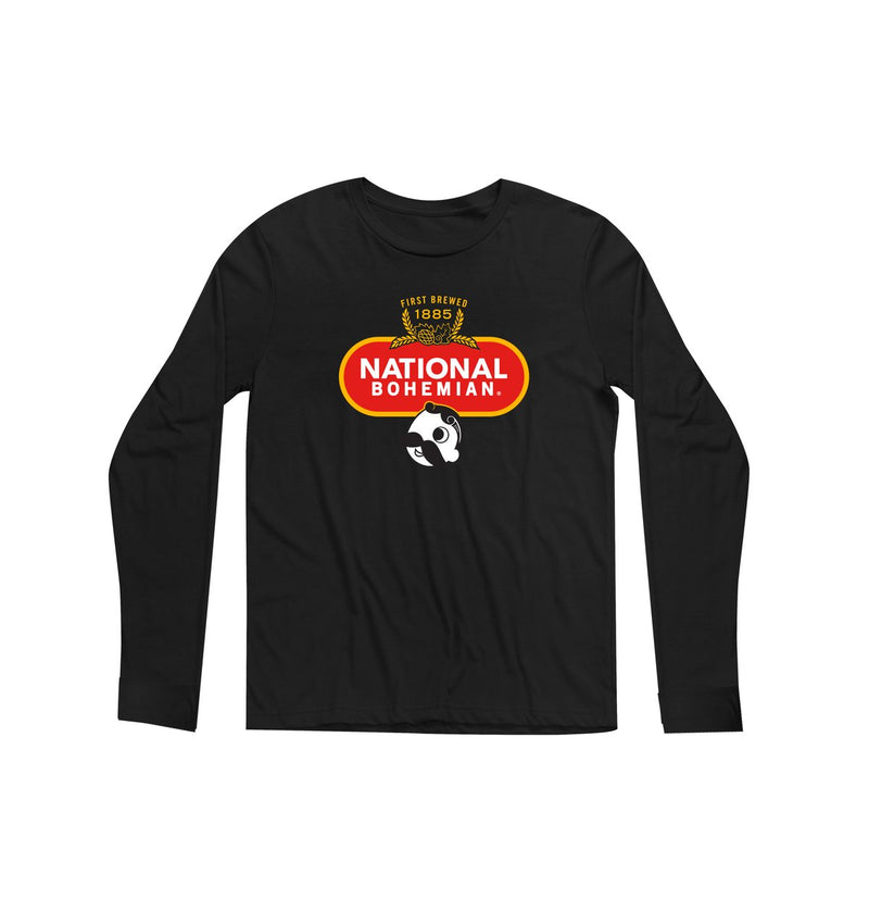 front of black long sleeve with first brewed 1885" crest and national bohemian logo