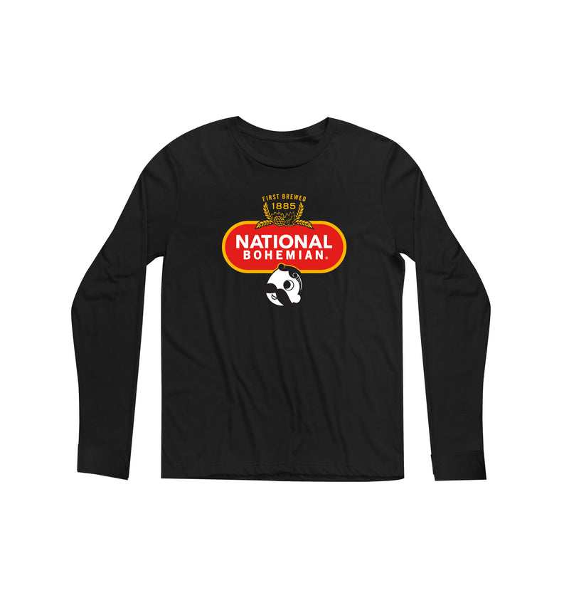 front of black long sleeve with first brewed 1885" crest and national bohemian logo on it