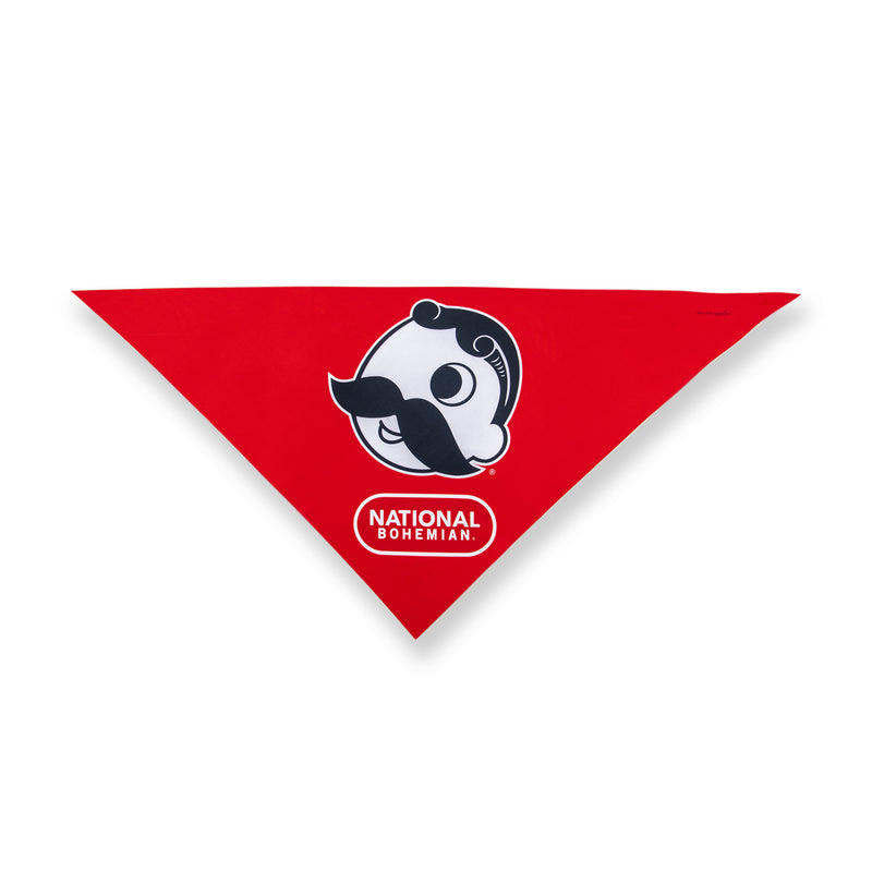 red dog bandana with Mr. Boh and national bohemian logo below it
