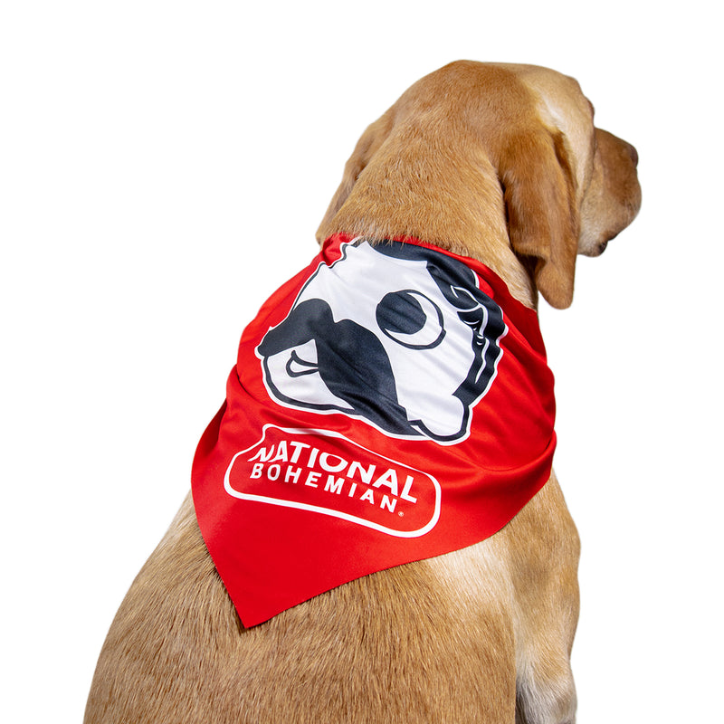 back of dog wearing red dog bandana with Mr. Boh and national bohemian logo below it