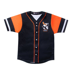 front of orange and black baseball jersey with Mr. Boh wearing baseball cap on pocket 