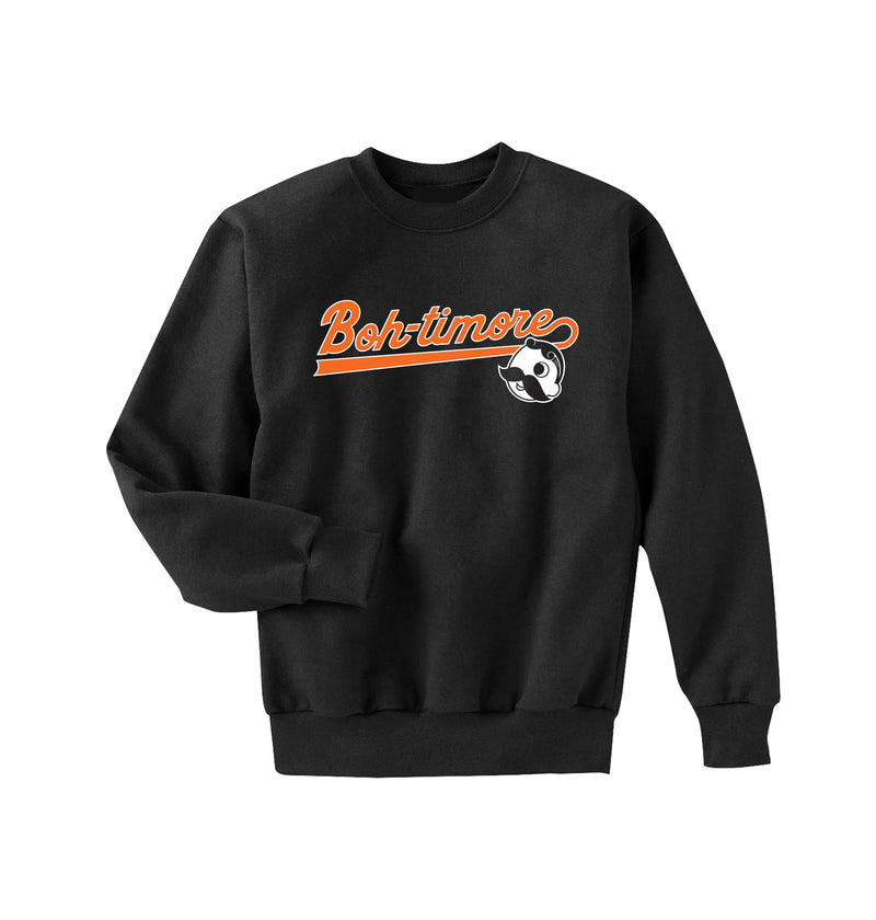 front of black crewneck with "boh-timore" and Mr. Bohs face on it