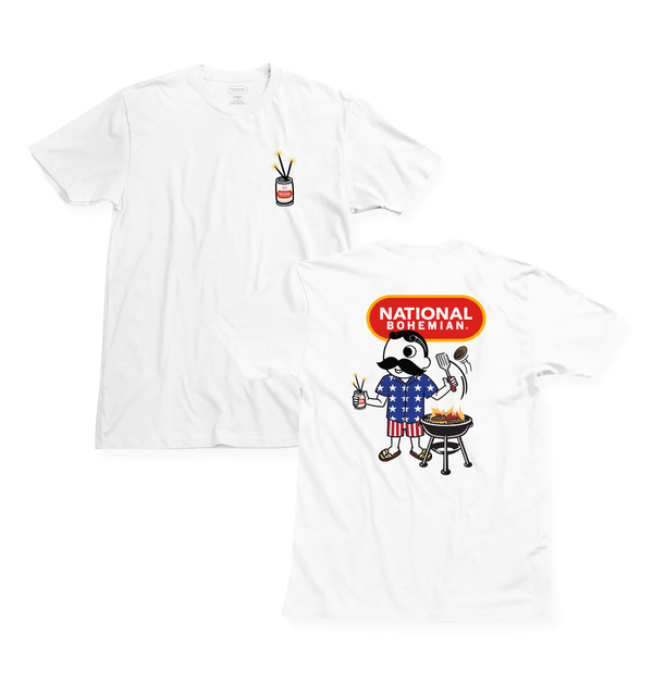 front of white t-shirt with national bohemian beer with fire works coming out of it on pocket. back of t-shirt with Mr. Boh in fourth of july outfit grilling and drinking beer 