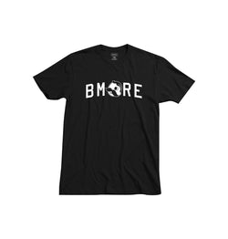 front of black t-shirt with "BMORE" and Mr. Bohs face as the "O"