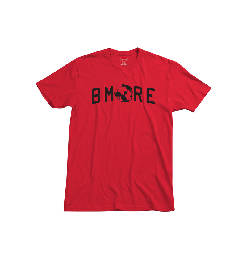 front of red t-shirt with "BMORE" and Mr. Bohs face as the "O"