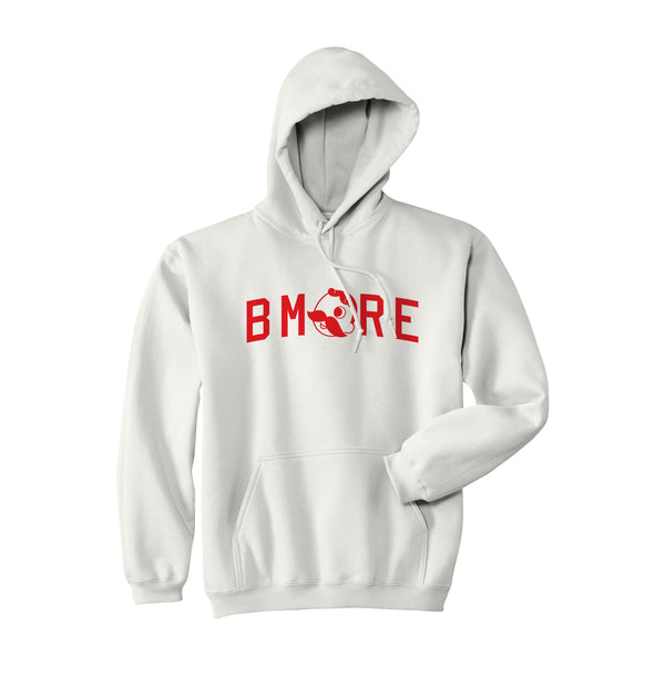front of white hoodie with "BMORE" and Mr. Boh as the "O"