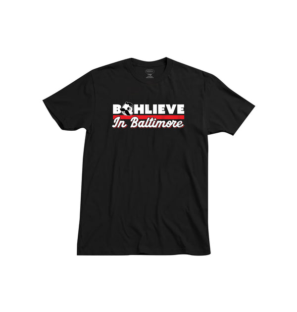 front of black t-shirt with "bohlieve in baltimore" and Mr. Boh as the "O" on it 