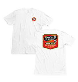 front and back of white t-shirt with national bohemian logo and " pale beer brew your own happiness live pleasantly"  below it