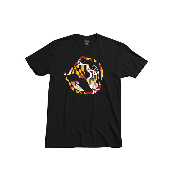 front of black t-shirt with Baltimore flag pattern in Mr. Bohs head