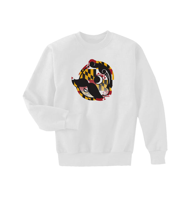 front of white crewneck with Baltimore flag pattern in Mr. Bohs head