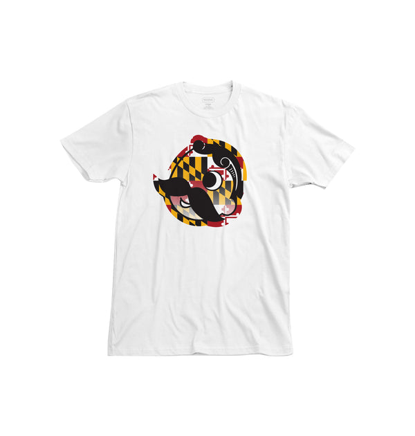 front of white t-shirt with Baltimore flag pattern in Mr. Bohs head