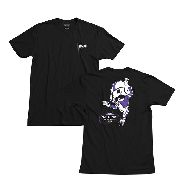 FRONT AND BACK OF BLACK SHORT SLEEVED TEE WITH MR. BOH AS FOOTBALL PLAYER