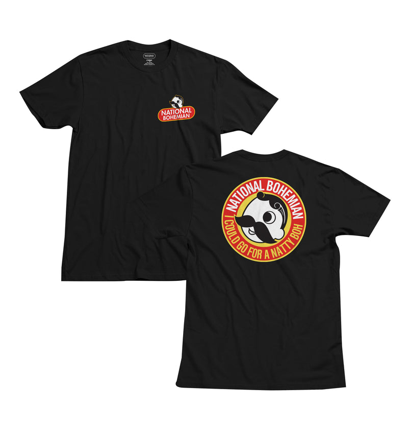front and back of black t-shirt with logo on pocket and "national bohemian I could go for a natty boh" bordering Mr. Bohs face on the back