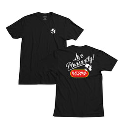 front and back of black t-shirt with "live pleasantly!" and Mr. Bohs face on it