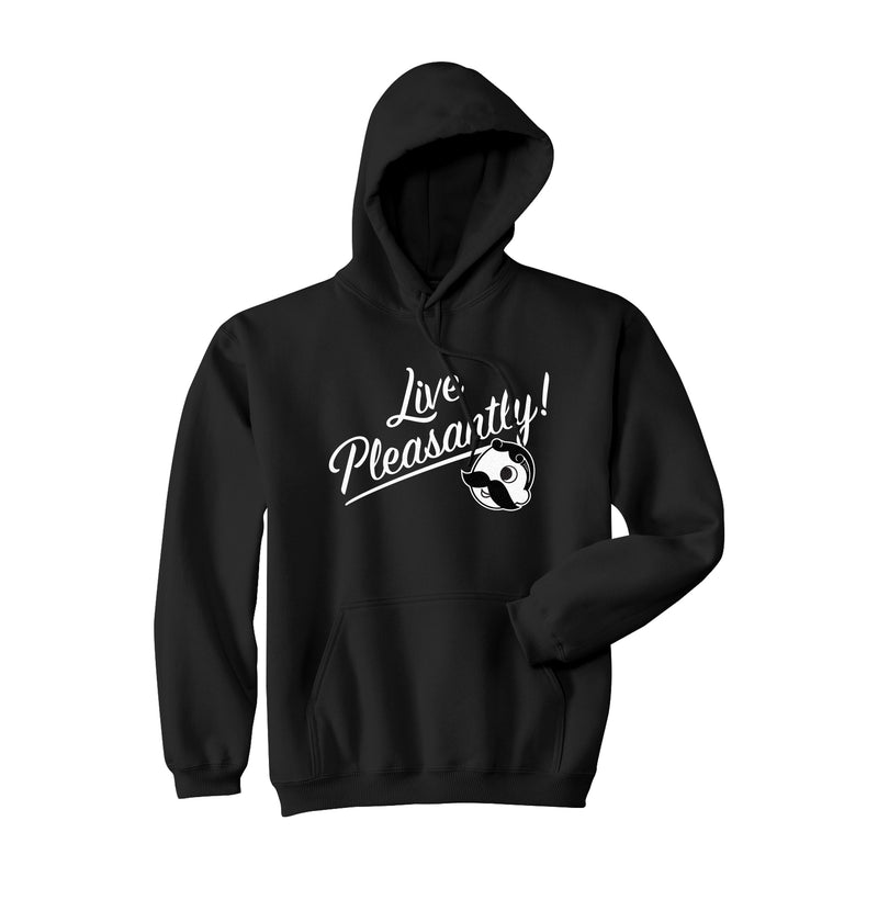 front of black hoodie with "live pleasantly!" and Mr. Bohs face on it