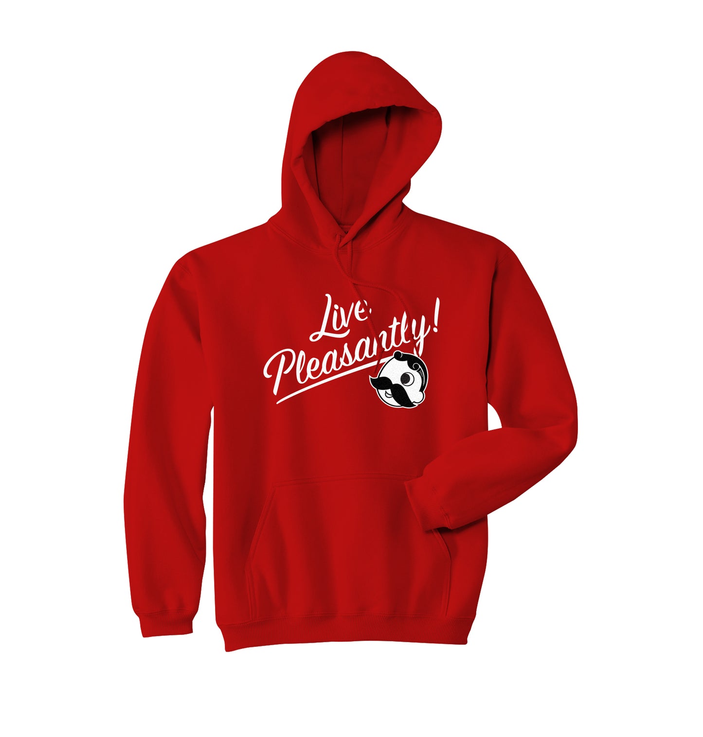 front of red hoodie with "live pleasantly!" and Mr. Bohs face on it