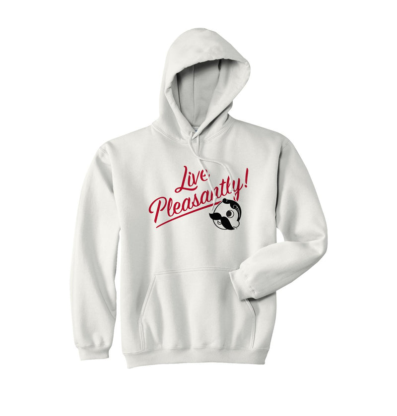 front of white hoodie with "live pleasantly!" and Mr. Bohs face on it