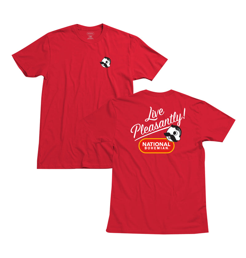 front and back of red t-shirt with "live pleasantly!" and Mr. Bohs face on it