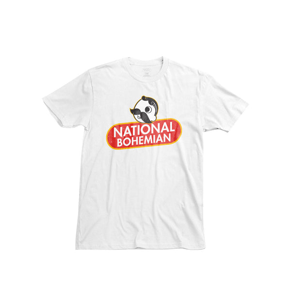 front of white t-shirt with vintage logo and Mr. Boh on it