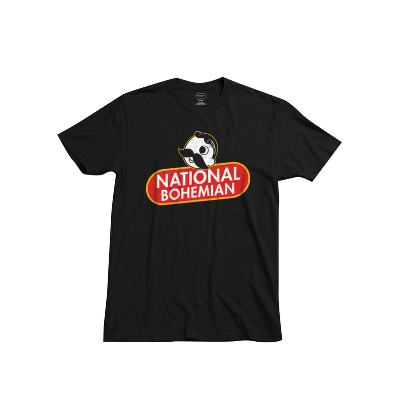 front of black t-shirt with vintage logo and Mr. Boh on it
