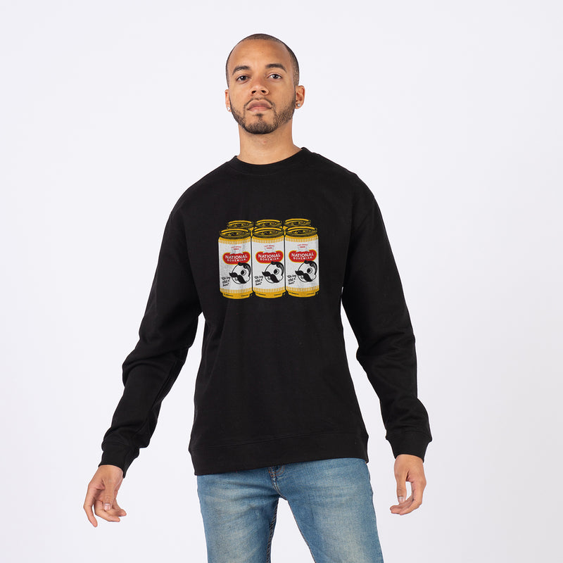 front of man wearing black crewneck with 6 pack of national bohemian beer on it