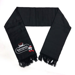 black scarf folded with black and silver logo and Mr. Boh with scarf and beanie on on one end