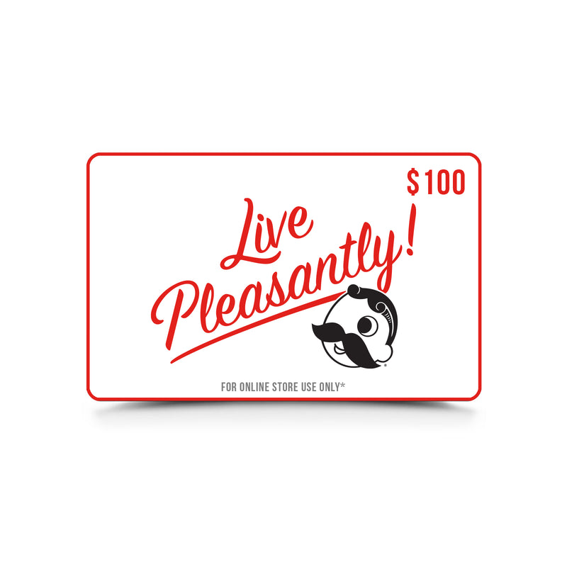 white gift card with "$100" in corner and "live pleasantly!" with Mr. Bohs face below it