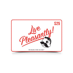white gift card with "$25" in corner and "live pleasantly!" with Mr. Bohs face below it  