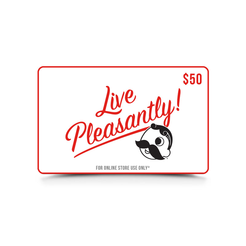 white gift card with "$50" in corner and "live pleasantly!" with Mr. Bohs face below it