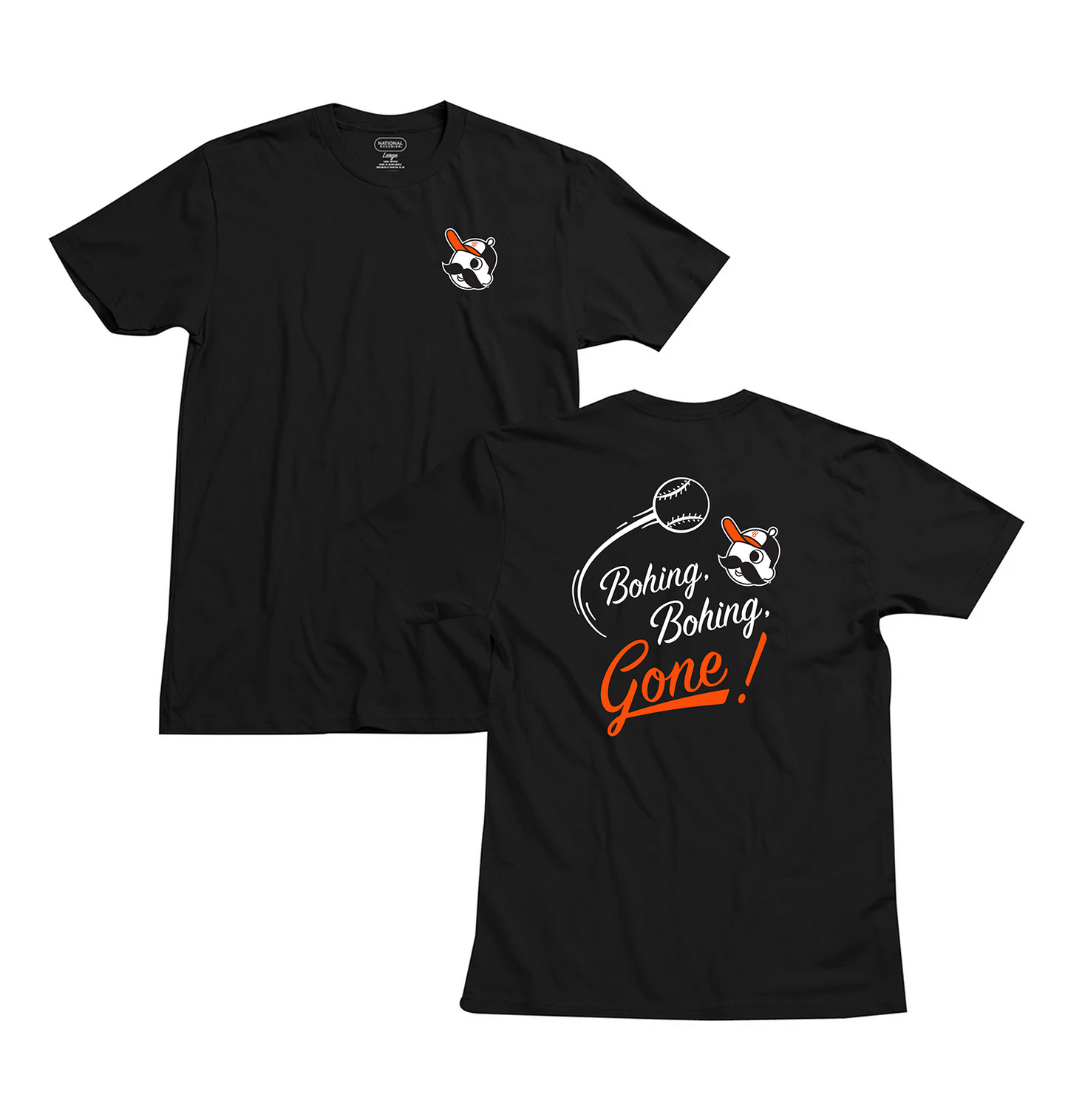 black front and back of t-shirt with "bohing, bohing, gone!"  on the back 
