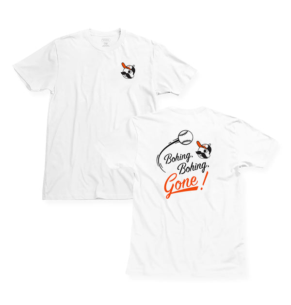 front and back of white t-shirt with "bohing, bohing, gone!" on the back 