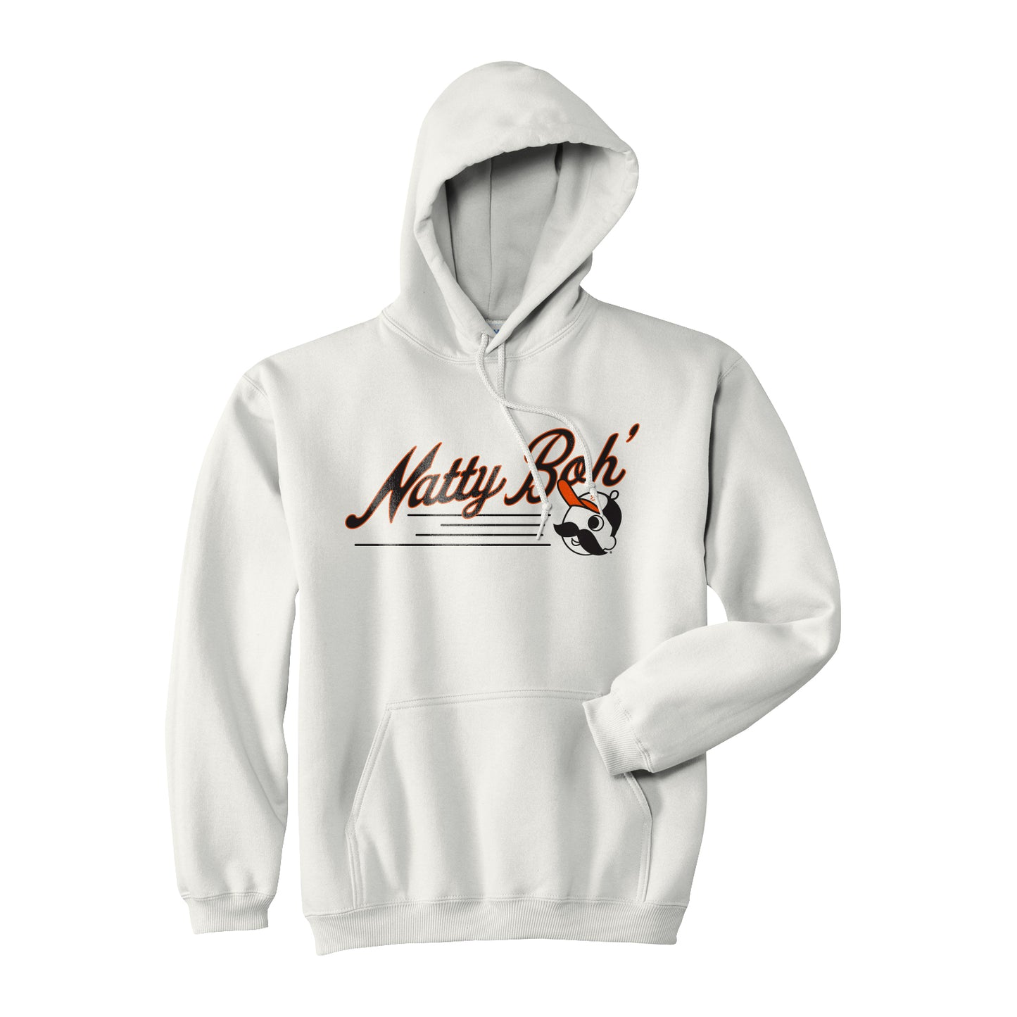 front of white hoodie with "natty boh'" and Mr. Boh wearing baseball cap 