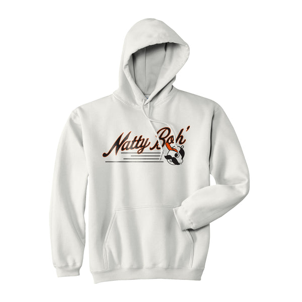 front of white hoodie with "natty boh'" and Mr. Boh wearing baseball cap 