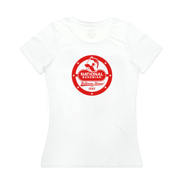 front of womens white tee with Mr. Boh and "baltimore strong" red design 