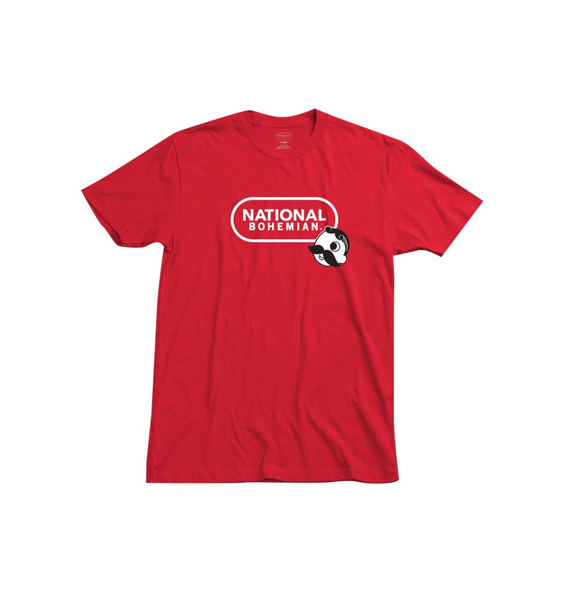 front of red t-shirt with "national bohemian" and Mr. Bohs face on it