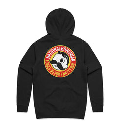 back of black hoodie with "national bohemian I could go for a natty boh" bordering Mr. Bohs face