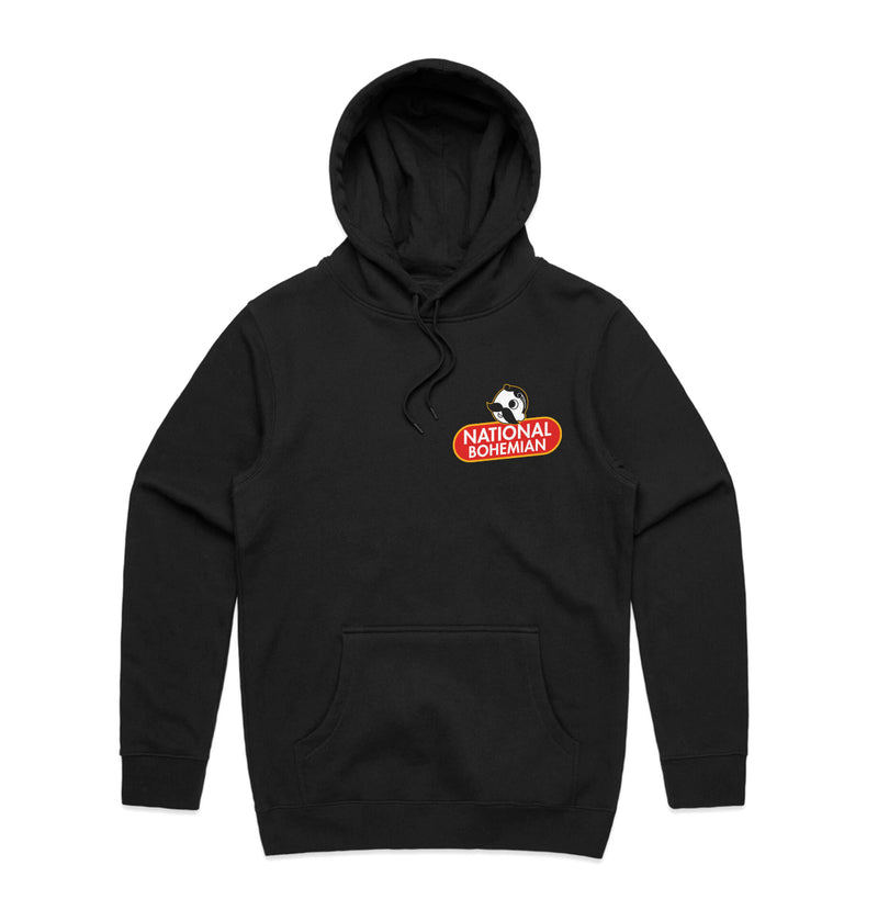 front of black hoodie with national bohemian logo and mascot on pocket