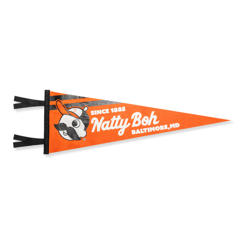 pennant flag of Mr. Boh wearing baseball cap and "since 1885 natty boh baltimore, MD" next to it