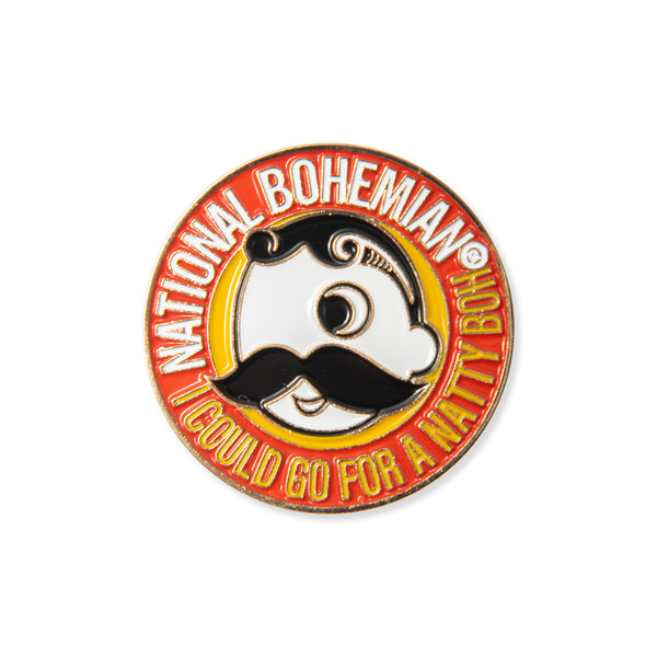 circular pin with "national bohemian I could go for a natty boh" bordering Mr. Bohs face on it