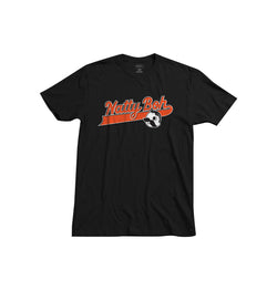 front of black t-shirt with "natty boh" in orange font and Mr. Boh below it