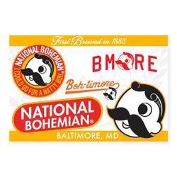 sticker sheet with 5 stickers of logo, "boh-timore", "BMORE", Mr. Bohs face, and "national Bohemian I could go for a natty boh" stickers